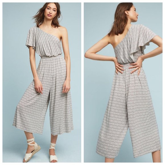 Maeve Pants - Anthropologie Maeve Jamie Ivory Print One Shoulder Ruffle Wide Leg Jumpsuit